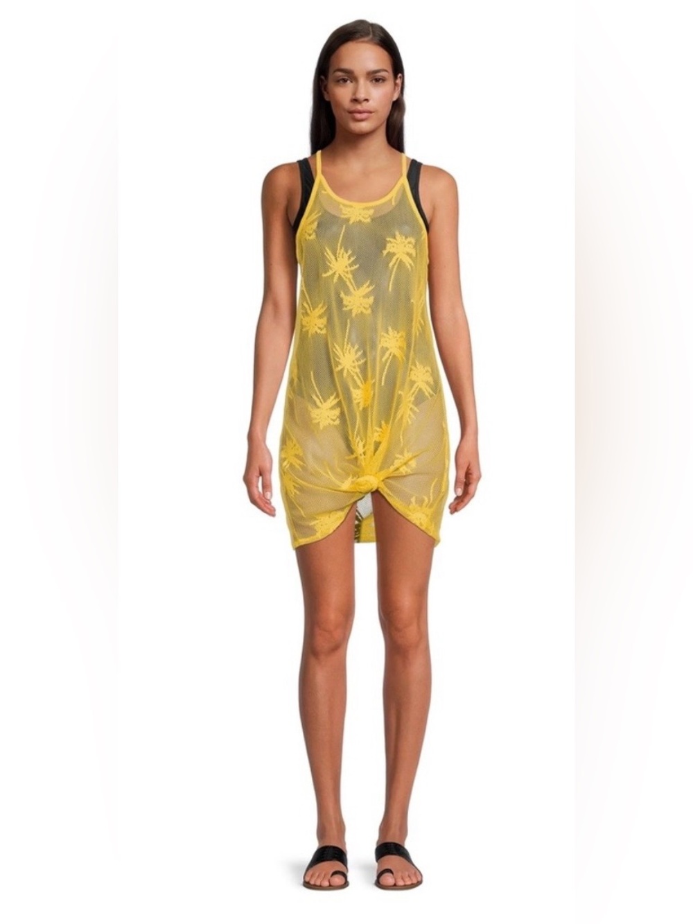 No Boundaries Yellow Palm-Print Mesh Swim Cover-Up Dress